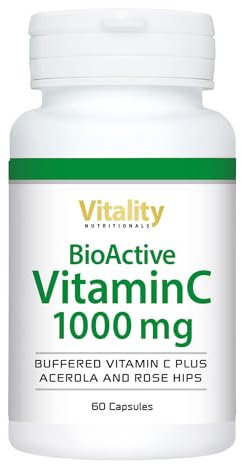 BioActive Vitamina C Capsule ad alto dosaggio con 1000 mg di vitamina C pura per capsula. 60 pz con acerola e rosa canina, senza additivi, bioattivi. Vitality Nutritionals by VitaminExpress
