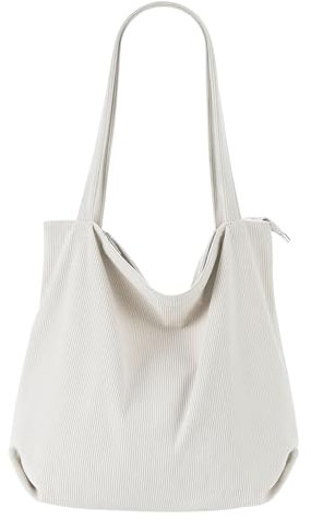 VOSSOT Cord Tasche Damen Umhängetasche mit Reißverschluss Shopper Damen Große Tote Bag Crossbody Schultertasche Handtasche für Arbeit Büro Reise Einkauf Schule und Alltag Weiß