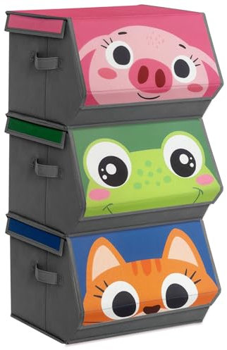 VERONLY 3 Stück Stapelbar Aufbewahrungsbox mit Deckel, Karikatur Aufbewahrungsboxen Spielzeugkiste mit Klettverschluss Faltbar Stoffboxen Griffen für Jungen Mädchen Kinderzimmer (Rosa, Grün, Blau)