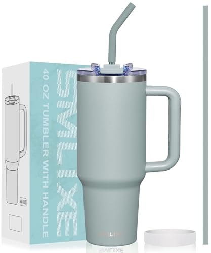 SMLIXE Trinkbecher mit Griff und Strohhalm-Deckel, isolierter, wiederverwendbarer Edelstahl-Wasserflasche, Reisebecher, Becherhalter, doppelwandig, vakuumversiegelter Becher (Schiefer)