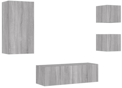 vidaXL TV Wohnwand 4-TLG., Wandschrank mit viel Stauraum, Fernsehschrank Schrank mit LED-Leuchten, Wandmontage TV Einheit Möbel Wohnzimmer Set, Grau Sonoma