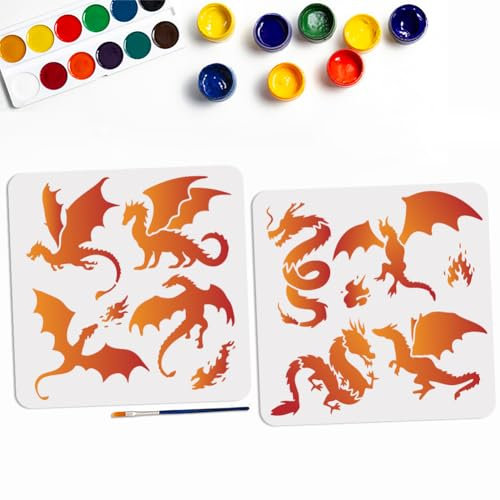 MAYJOYDIY 2 Drachenflammen Schablone 30×30cm Drachen Große Westliche Drachenvorlage Mit Pinsel Quadratische Drachenmotiv Schablonen Für Holz Leinwand Stoff Wandmöbel Dekorationen DIY Projekte