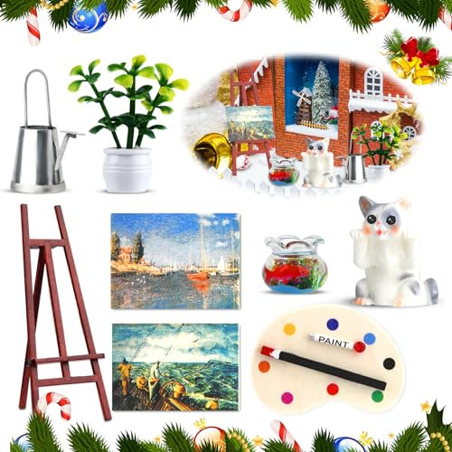 Sunwuun Wichtel Zubehör,8 Stück 1/12 Wichtel Zubehör Weihnachten,Miniatur Weihnachten Puppenhaus Zubehör,Miniatur Wichtel Zubehör Mal Kunst Set mit Staffelei Topfpflanze Gießkanne