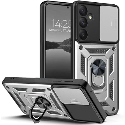 LBH Armor Hülle für Samsung Galaxy A55 5G Case mit Kameraschutz Outdoor Stoßfest Handyhülle 360 Grad Metal Ring Halter Ständer Schutzhülle für Handyhalterung Auto Magnet Silber