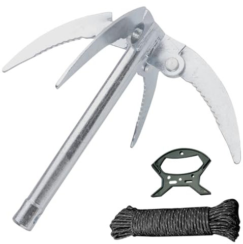 BAIFULAI Lot de 4 crochets, avec corde de 20 m et poignée en corde, ancre pliante à dents épaisses de 2 mm, solide et durable, pour les petits bateaux et pour le nettoyage des plantes aquatiques avant