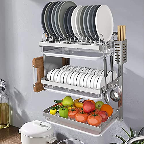 Escurridor de Platos para el hogar, Cocina, escurridor de Platos con Bandeja, escurridor de Platos de 3 Niveles, Acero Inoxidable montado en la Pared, instalación Perforada, Alto 218 pulgad