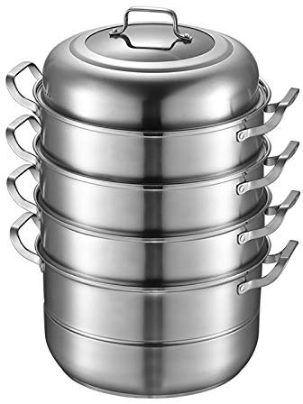 HuKaiL 5 Lagiger Edelstahl Dampfkocher Gardampftopf, 32cm Stapelbarer Dampfgarer mit Glasdeckel, Edelstahl Dampfgarer Topf für Küche alle Herdarten Geeignet