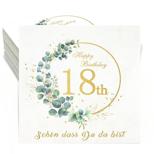 Servietten 18 Geburtstag,36 Stück Geburtstag Servietten Schön dass du da bist,3-Lagig Happy Birthday Servietten Eukalyptus 18. Geburtstag Mädchen Junge Tischdeko Geburtstag Papierservietten 33x33cm