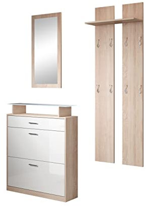 MB Muebles Bonitos | Flurmöbel Set mit Schuhschrank, Spiegel und Garderobe | Glasablage mit LED | Glänzendes Melamin | Farbe Weiß und Sonoma | Schuhregal für die tür | Modell Paola Set