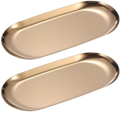 sourcing map 2pcs Stainless Steel Decorative Tray, 7 Inch Oval Jewelry Tray, Small Serving Tray for Bathroom Countertops, Closets, Dressers, Rose Gold