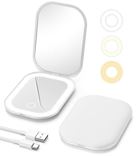 Gospire Espejo de maquillaje de viaje iluminado con luz y aumento 1X/3X, atenuación continua y luces ajustables de tres colores, batería recargable y tamaño compacto para bolso y uso portátil, color