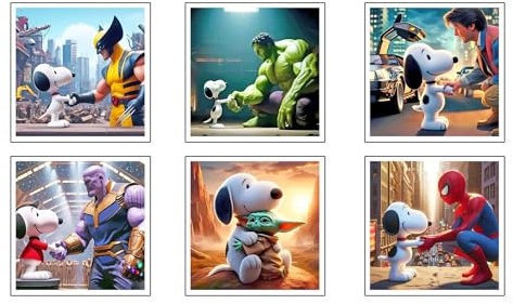 DKORARTE Set mit 6 Bildern auf Holzbasis, moderne Dekoration für Wohnzimmer, Schlafzimmer, Zimmer, Snoopy mit Metallaufhängern (29 x 29 cm pro Bild)