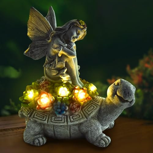IEEILULU Solar Gartenfiguren Schildkröte, Gartendeko für Draußen, Garten Schildkröten Statue mit Sukkulenten und 5 LED Leuchten für Terrasse/Balkon/Rasen, Geschenk für Frauen (Engel)
