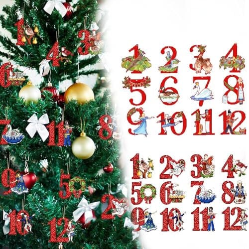 24 Pieces 12 Days of Christmas Ornaments Set,12-Days of Christmas Wooden Hanging Ornament,Twelve Days Rustic Wooden Tree Hanging Pendants,for Christmas Holiday Party Decoration