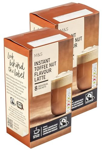16 x Premium Instant Toffee Nut Flavour Latte Individual Coffee Sachets, Sweet & Smooth - 16 x 19.5g