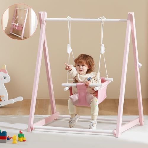 FUNLIO Balançoire en Bois Pliable pour Les Enfants de 6 à 36 Mois. Fabriquée en pin Durable, Portable avec 4 Sacs de Sable et des Sangles d'extension. Utilisation intérieure/extérieure - Rose