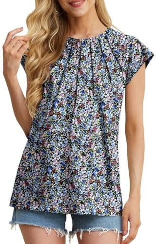 GRECERELLE Womens Summer Tops Cap Sleeves Casual Flower T-Shirt Pleated Ladies Summer Tops (Black Anemone Flower, M)