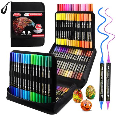 Funnasting Acrylic Paint Pens, 100 Colors Dual Tip Acrylic Markers, Glass Paint Pens Contain 12 Metallic Color for Rock Painting, Wood, Canvas, Stone, Ceramic Surfaces