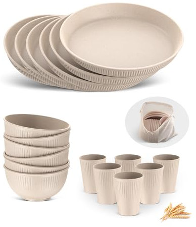 HOMGEN 18PCS Plastic Plates and Bowls Set - Unbreakable Tableware Set - Reusable Plates Bowls Cups - Microwave & Dishwasher Safe Dinner Sets - Picnic Dinnerware Service for 6