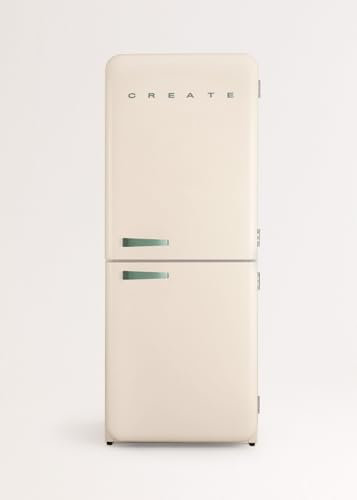 CREATE / RETRO FRIDGE FRIDGE COMBI 185 SAGE/Kombi-Kühlschrank mit Gefrierfach 401L in Cremeweiß, Griff Salbeigrün / 190W, No Frost System, 3 Ablagen, 2 Schubladen, Temperaturregler, 70x65x185 cm