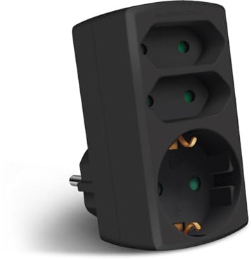 EXTRASTAR Adaptador de 3 vías, Toma de corriente de 2 euros + 1 Schuko,Enchufe adaptador para la oficina, el hogar o de viaje, negro