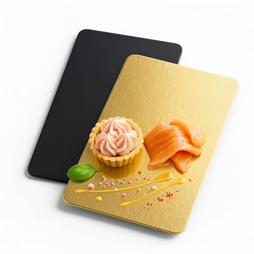 25 Stück rechteckige Tortenständer | 20 x 12 cm | Schwarz und Gold | Wendbarer Karton | Perfekte Tortenunterlage für Gebäck | Kuchen und Kekse | Vakuumversiegelte Lachsplatte | 2 mm Dicke