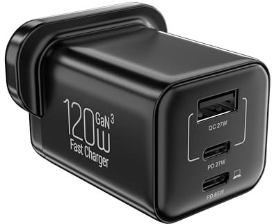 1PCS USB C Plug Fast Charge 120W 3-Port Phone Charger Plug UK Dual Port PD Power Adapter USBC Wall Socket Multi Mains Type C Charging Block for iPhone 16 15 14 13 12 11 Pro Max XS XR 8, Samsung, iPad