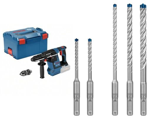 Bosch Professional 18V System Akku Bohrhammer GBH 18V-26 F (Bohren & Meißeln, KickBack Control, inkl. Schnellspannbohrfutter 13mm) + 5x Expert SDS plus-7X Hammerbohrer Set (für Stahlbeton, Ø 5-10 mm)