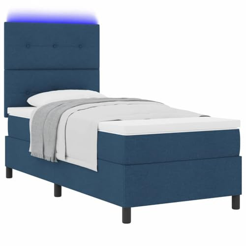 vidaXL Boxspringbett mit Matratze mit LED Blau 90 x 200 cm Stoff, Moderne Schlafzimmermöbel, Bequeme Bett mit LED, verstellbares Kopfteil, langlebiger Boxspring, stilvolle Matratze