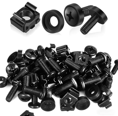 Rack Mount Cage Nuts, 50 Pack M6 x 16mm Screws, Bolts and Washers | for Server Racks Audio Rack Cabinet Routers and Shelves (Black)