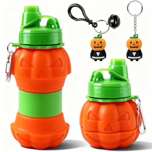 OPVXZAD Gobelet Pliable en Silicone Citrouille 550ml avec Porte-clés - Set Cadeau Halloween & Noël, Sans BPA, Gourde de Voyage pour Randonnée, Bureau - Inclus Porte-clés Citrouille (2B)