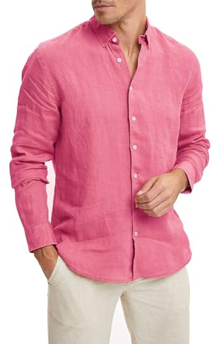 Chemise en lin pour homme, couture décontractée, élégante au printemps, à l'été, fraîche, rose, XXL