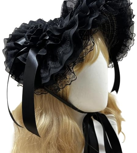 [Sbshiouu] Victorian Lace Straw Bonnet Hat Dark Series Adjustable Necktie and Ribbon Bowknot Anime Personalized Women Lace