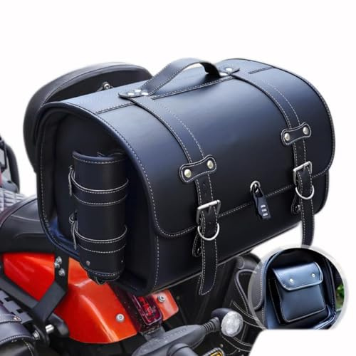 DIALFA Motorrad Topcase für Harley Davidson Softail Deluxe 2005-2019, Leder wasserdichte Retro Motorrad Pannier Satteltasche Reisetasche Große Kapazität Gepäckträgertaschen,A Black