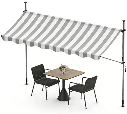 Ferzone Store Banne sans Percage 400x120cm, Auvent de Terrasse Rétractable avec Manivelle Hauteur Réglable 200-300CM, Stores Exterieur résistant en Aluminium aux UV pour Blacon Patio (Gris-Blanc)