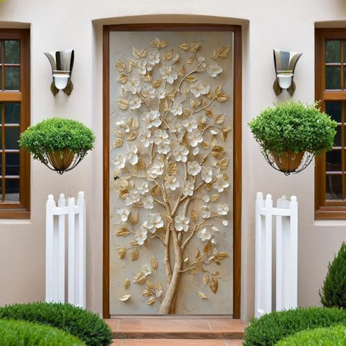 Gold Türtapete Türaufkleber Blumen, Leben, blühende Bäume Türfolie Selbstklebend 95x210 cm Tür Verschönern mit Türfolie, Entfernbar Aufkleber Wasserdichte Tapete PVC Türaufkleber
