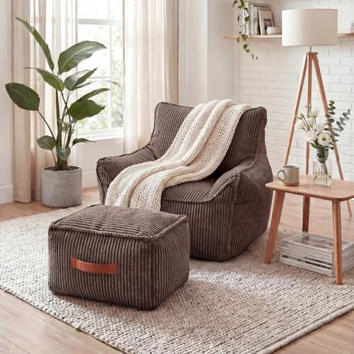 PREMTURE Sitzsack Sessel mit Hocker für Erwachsene, Flauschiger Cord Stoff, Riesen Sitzsack Cord mit Füllung, Bean Bag Chair, Bequemer Sessel Wohnzimmer, Lounge, Schlafzimmer, Büro,Braun