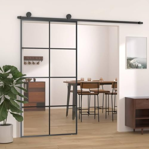 YunCangg Porta scorrevole nera in vetro ESG e alluminio, 102,5 x 205 cm, spessore vetro 5 mm, con fermaporta e materiale di fissaggio, per ristrutturazione e costruzione nell'ingresso di casa o