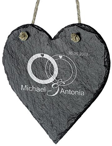 polar-effekt Schieferherz zur Hochzeit Personalisiert mit Gravur - romantische Hochzeitsgeschenke für Brautpaare - Schiefertafel 18 x 18 cm - Motiv Zwei Ringe, EIN Paar