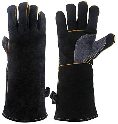 Kim Yuan Extreme Heat & Fire Resistant Gloves Leather with Kevlar Stitching,Perfect for Fireplace, Stove, Oven, Grill, Welding, BBQ, Mig, Pot Holder, Animal Handling, Black-Grey 16in/40cm 1 Pair