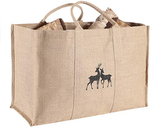 Log Bag 50L Heavy Duty Hessian Jute Log Cradle Sack (BR48) | Lined, Deer Design, Carrying Handles, Large Capacity, Log Storage