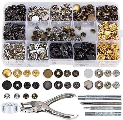 Corchetes de Presión Metálicos, 140 Pcs Botones de Presión, Remaches de Cuero, Remache de Doble Tapa, 6 Colores Kit de Herramienta de Botón Snap Metal Artesanía para Ropa/Cuero/Vaquero/Bolsos
