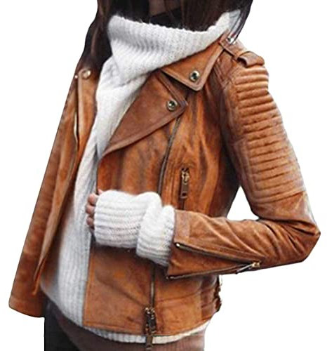 ORANDESIGNE Giacca Corta da Donna in Pelle PU Giacca PU Biker Giacca per l'autunno e l'inverno Biker Motocicletta Giacchetto Marrone XL