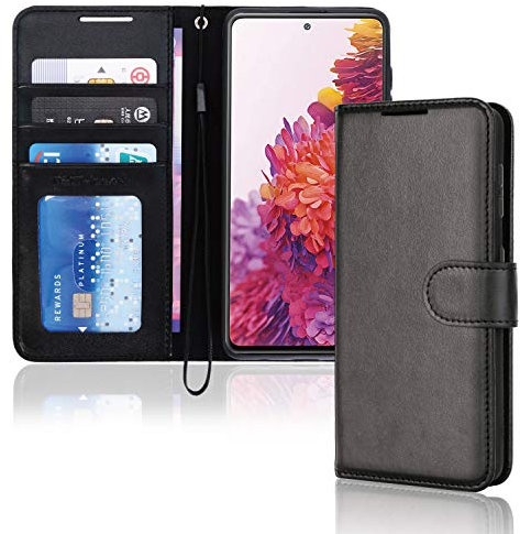 TECHGEAR Leder Hülle Galaxy S20 FE, PU Leder Flip Case Schutzhülle Ledertasche [Brieftasche] Handyhülle mit Ständer und Handschlaufe Beutel kompatibel mit Samsung Galaxy S20 FE Fan Edition - Schwarz
