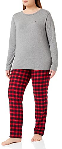 Tommy Hilfiger Damen Set LS Flannel Pant Holiday Pyjamaset, Grey Ht/Ombre Plaid, S