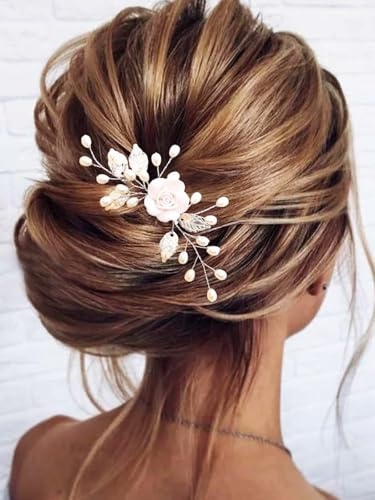 Gorais Blumenbraut Hochzeit Haarkamm Perle Braut Haarteile Blatt Haarschmuck für Frauen und Mädchen (a-silber)