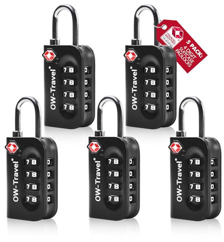 OW-Travel Zahlenschloss 4 Stellig Kofferschloss Vorhängeschloss Gepäckschloss Sicherheitsschloss Diebstahl Sicheres Lock TSA USA Schloss Zahlencode für Reisekoffer Spind Rucksack Luggage:5 Schwarz