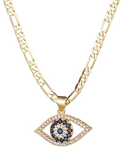 Evil Eye Pendant Necklace for Women | 18K Gold Plated Cubic Zirconia Pendant Necklace | 3mm Figaro Chain 45.7/55.9cm, chain length: 22, Copper, Cubic Zirconia