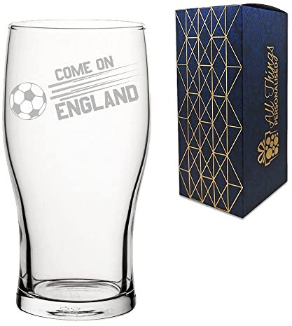 Engraved Football Pint Glass, Come On England Straight Football Design with Gift Box, Euro Football Soccer Championship