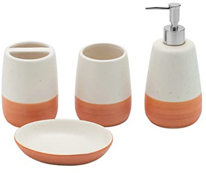 Orange Bathroom accesory Set 4pc,Coral Toothbrush Holder Terracotta Color soap Dispenser soap Dish Tumbler Cup for Bathroom Decor and Gift countertop Decor(Orange)